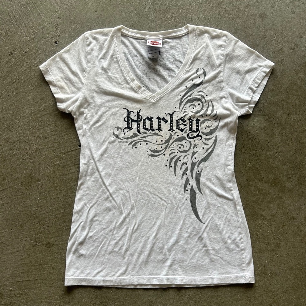 Vintage Harley Davidson Shirt Womens Medium White Tribal Ottawa IL Biker V Neck